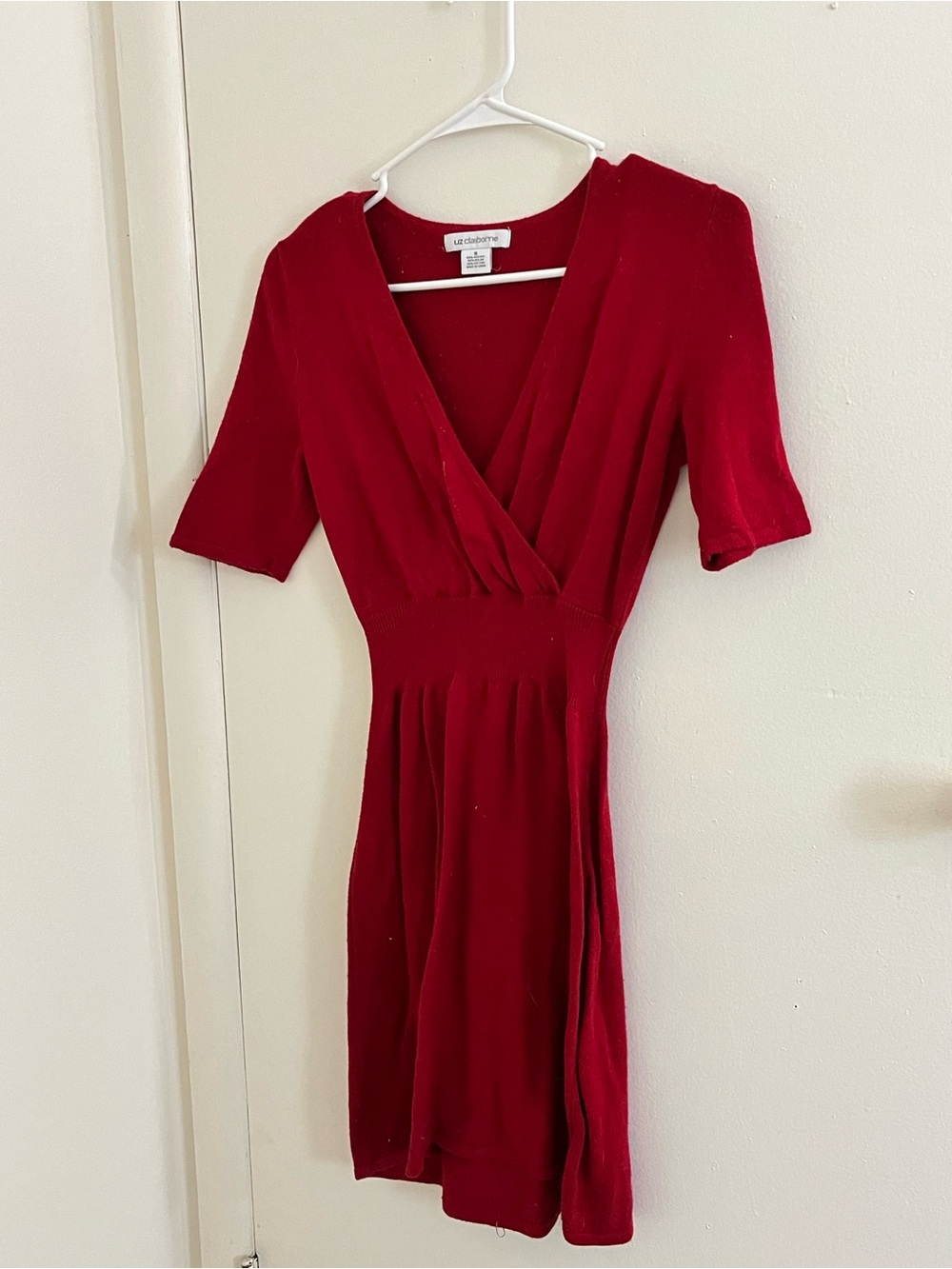 Liz Claiborne Small Red Midi Sweater Dress Deep V Neck Ribbed Waist